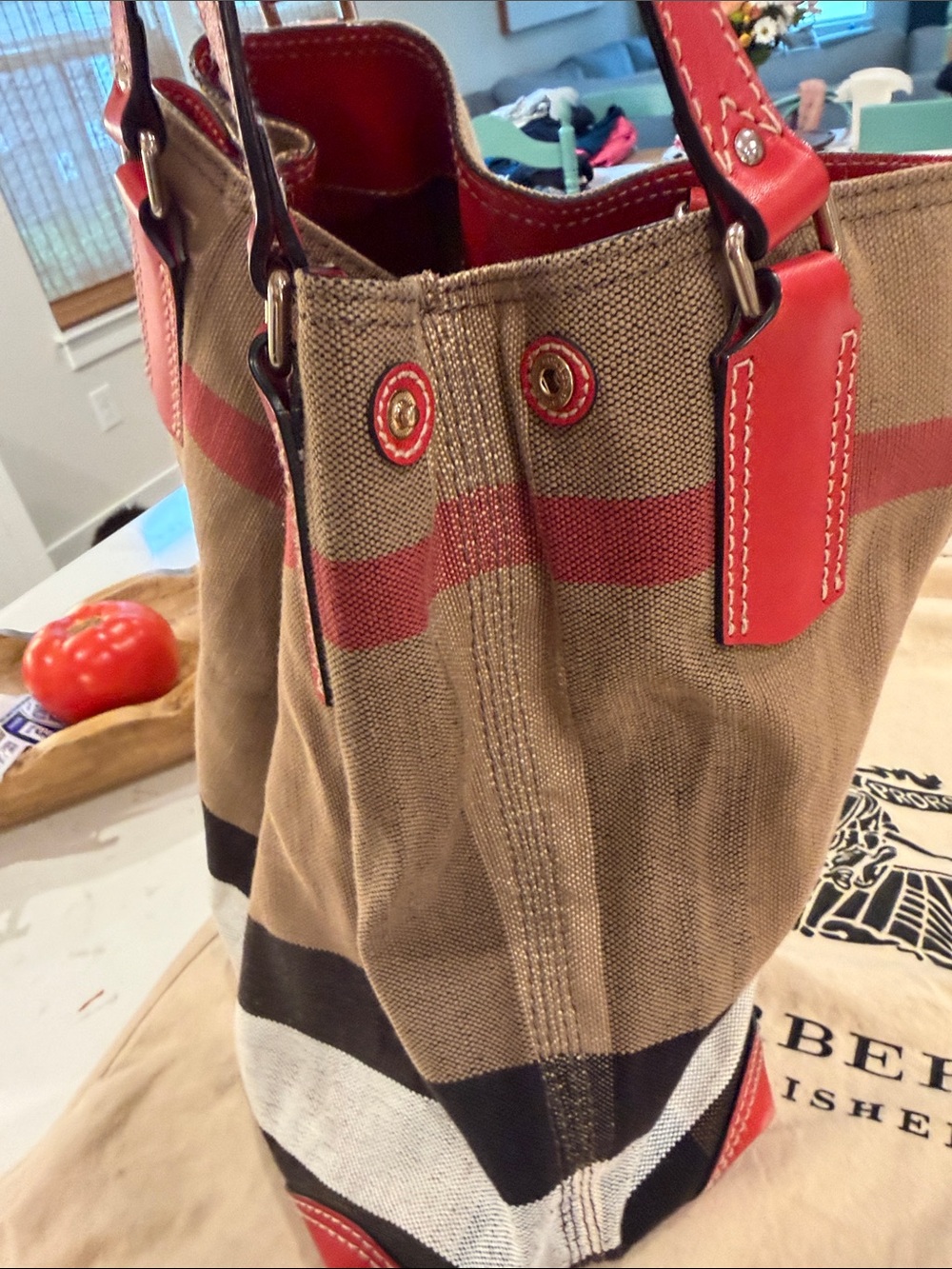 Burberry Canvas Shoulder Bag with Red Trim and Classic Check - Picture 3 of 4